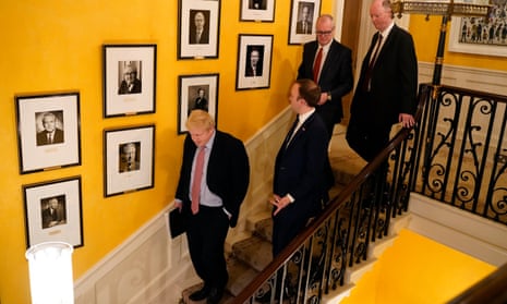 Left to right: Boris Johnson; the health secretary, Matt Hancock; England’s chief scientific adviser, Patrick Vallance, and chief medical officer, Professor Chris Whitty at No 10
