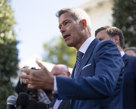 Sean Duffy gives remarks during a press conference outside the West Wing of the White House, 30 October 2025.