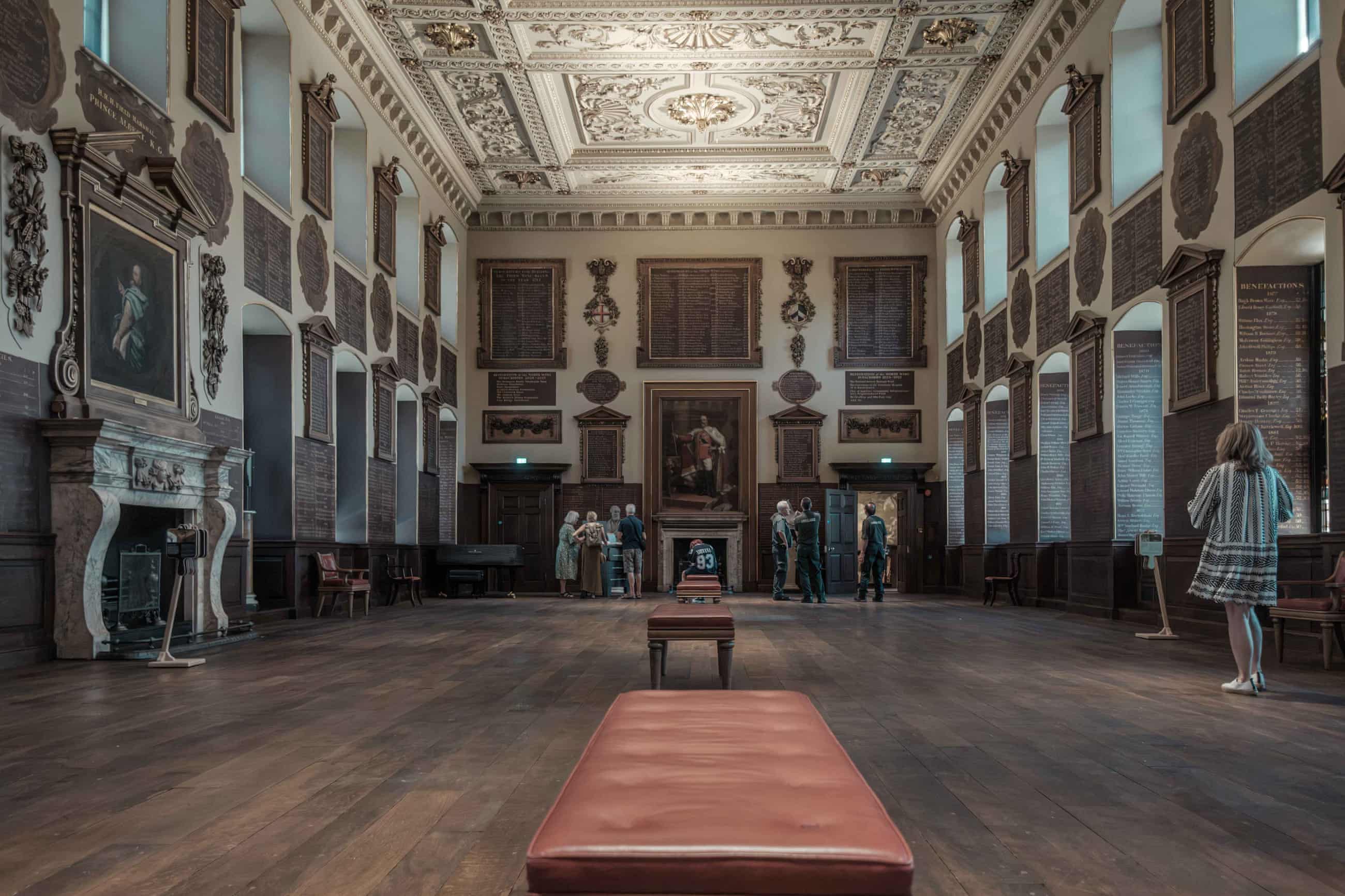 Wide view of the Great Hall and the ornate ceiling