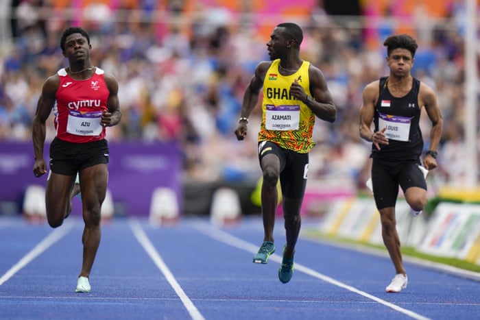 Benjamin Azamati of Ghana on his way to winning his 100m heat.