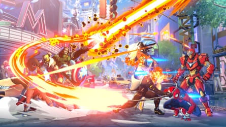 A fight between multiple Marvel characters, flashy moves lighting up the screen
