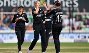 Hannah Rowe (c) celebrates with Amy Satterthwaite of New Zealand after taking the wicket of Sophie Ecclestone