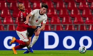Declan Rice fouls Martin Braithwaite of Denmark during Tuesday’s goalless draw in Copenhagen.