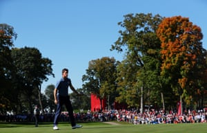 Thomas Pieters reacts to a putt as he and McIlroy take an early advantage in the fourballs.