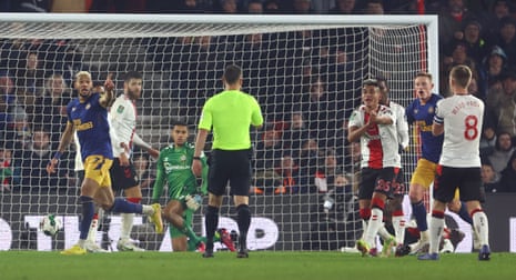 Joelinton celebrates, but his goal is disallowed.