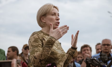 Deputy Prime minister of Ukraine Iryna Vereshchuk speaks to the press as people arrive from Mariupol on 3 May.