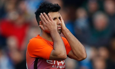 Sergio Agüero reacts after missing a chance in Manchester City’s goalless draw at Huddersfield Town in the FA Cup fifth round