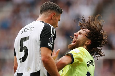 Fabian Schär of Newcastle clashes with Ben Brereton Díaz of Southampton, leading to Schär being shown a controversial red card at St James’ Park