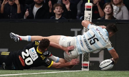 Racing 92’s English full-back Henry Arundell touches down against La Rochelle for his fourth try of the season