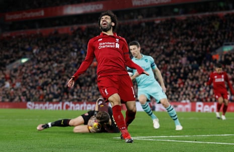 Mohamed Salah reacts after Arsenal’s Bernd Leno takes the ball.