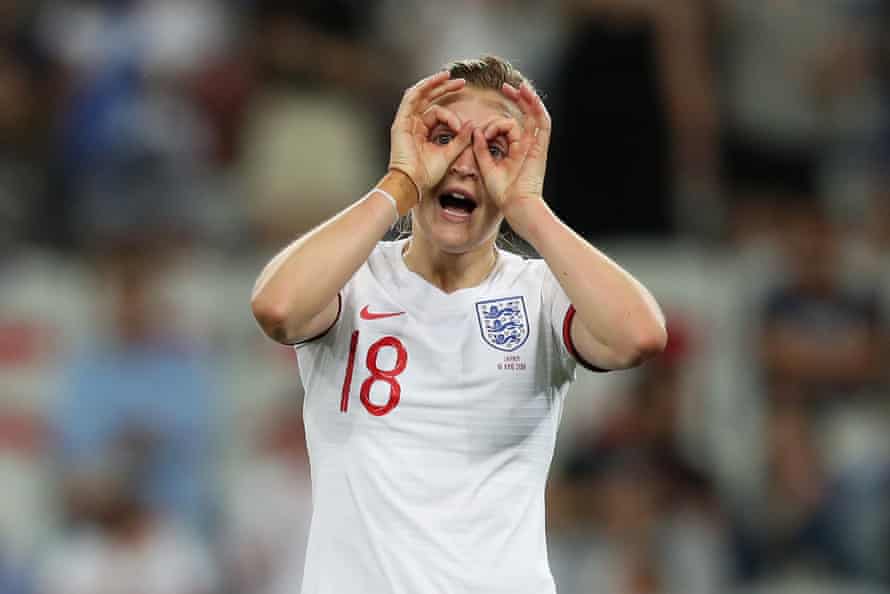 Ellen White of England celebrates after scoring her team’s second goal.