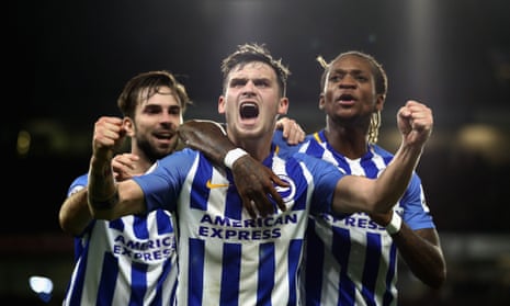 Pascal Gross (centre), pictured celebrating scoring Brighton’s first goal against Stoke in November, cost £3m from Ingolstadt in the summer and has registered the most assists of anyone outside the top six.