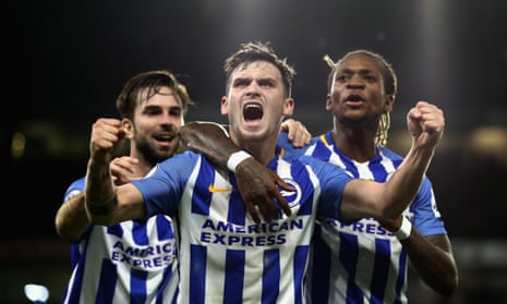 Pascal Gross of Brighton, centre, celebrates his side’s first equaliser with Davy Propper and Gaëtan Bong in the 2-2 draw with Stoke City.
