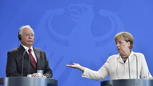 German Chancellor Angela Merkel and the Prime Minister of Malaysia Najib Razak give a joint press conference following talks at the Chancellery in Berlin.