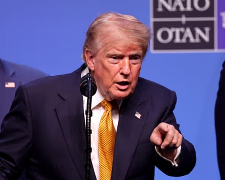 Sabre-rattling to ‘tremendous love’: erratic Trump dominates final hours of Nato summit