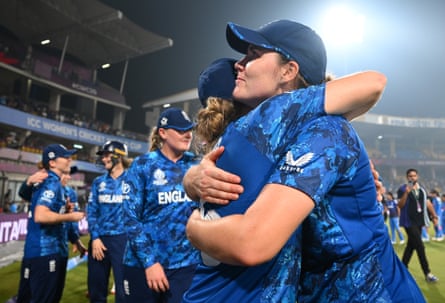 Nat Sciver-Brunt hugs teammate Emma Lamb after England’s win