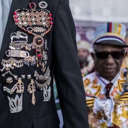 Performers dressed as military officers – a popular feature of some Comorian events – attend the Madjiliss ceremony on the first Saturday of the wedding celebrations