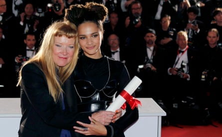 Andrea Arnold with Sasha Lane after winning the jury prize at Cannes film festival, May 2016