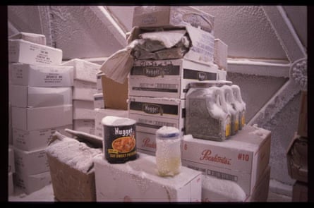 Boxes, tins and containers covered in ice and containing food supplies at the US-operated Amundsen-Scott south pole station