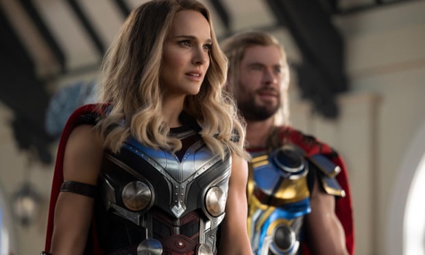 Hammered… Natalie Portman and Chris Hemsworth in Thor: Love and Thunder.