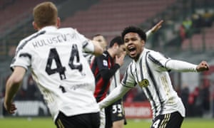Juventus’ Weston McKennie, right, celebrates with Dejan Kulusevski after scoring his side’s third goal.