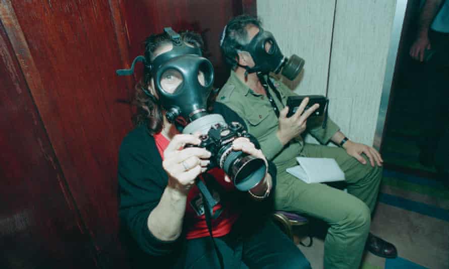 Photographer Sally Soames in Israel in 1991 following a scud missile attack by Iraq.