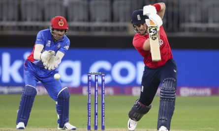 Liam Livingstone bats during the T20 World Cup match between England and Afghanistan in Perth.