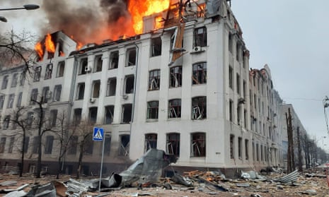 Buildings on fire in Kharkiv after Russian attacks.