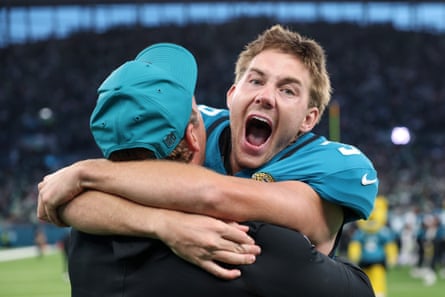 Jaguars kicker Cam Little celebrates after kicking the winning field goal against the Eagles in London on Sunday.