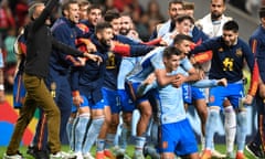 FBL-EUR-NATIONS-POR-ESP<br>Spain's forward Alvaro Morata (C,R) celebrates with teammates after his team victory in the UEFA Nations League, league A, group 2 football match between Portugal and Spain, at the Municipal Stadium in Braga on September 27, 2022. - Spain won 0-1. (Photo by MIGUEL RIOPA / AFP) (Photo by MIGUEL RIOPA/AFP via Getty Images)