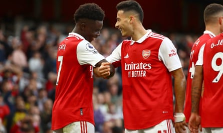Bukayo Saka and Gabriel Martinelli celebrate Saka’s first goal, set up by the Brazilian