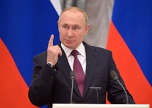 Moscow, RussiaRussian President Vladimir Putin makes a point during a joint press conference with German Chancellor Scholz following their talks at the Kremlin.