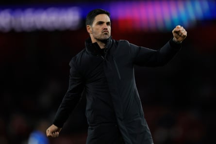 Arsenal manager Mikel Arteta celebrates beating Bayer Leverkusen