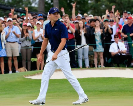 Jordan Spieth completes his four-stroke victory on the 18th green of Augusta in 2015