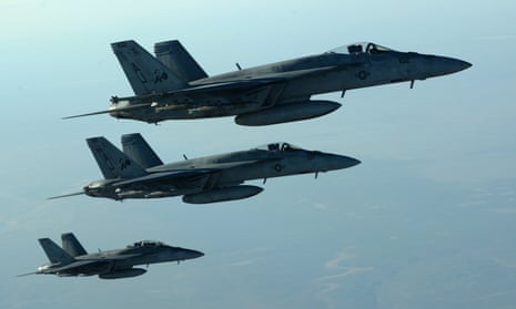 US Navy F-18E Super Hornets, which were part of a large coalition strike package to strike ISIS targets in Syria. The involvement of British pilots in Syria is likely to anger MPs who voted against action in that country by the UK.