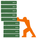 A person pushing against computer servers