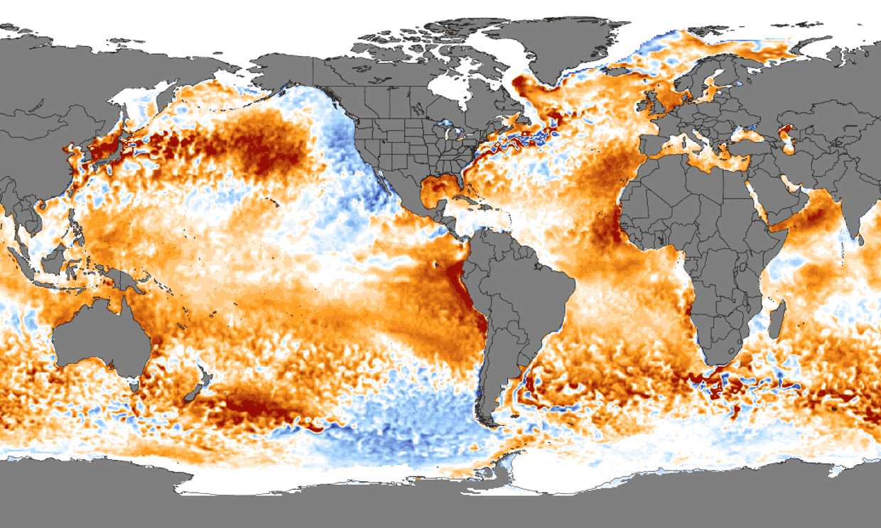 خريطة عالمية تظهر المناطق باللون البرتقالي والأحمر حيث كانت درجات الحرارة أعلى من المتوسط 