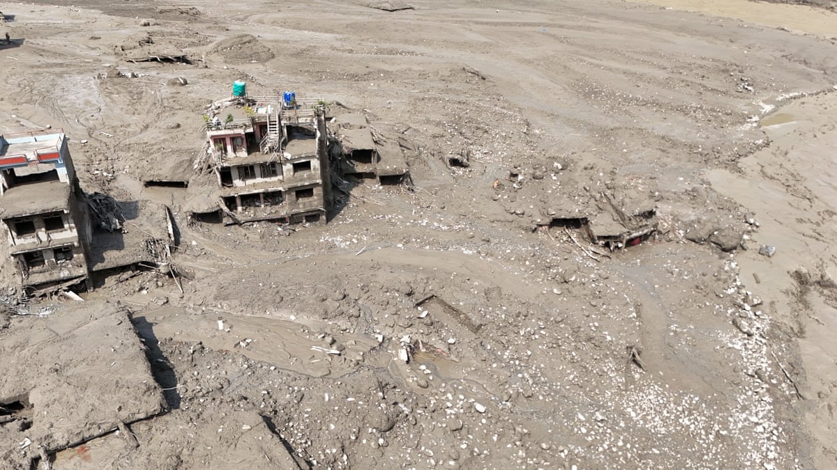 An aerial view shows buildings damaged by the flooding