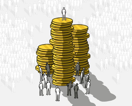Crowd of people gathered around 3 stacks of gold coins looking up at one person standing on top of them