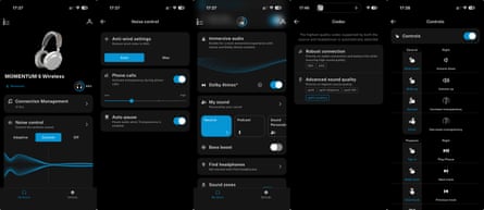 Screenshots showing various settings within the Sennheiser Smart Control Plus app.