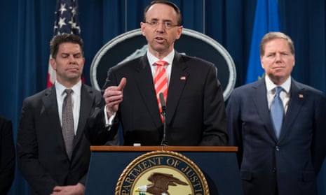 Deputy Attorney General Rod Rosenstein during a news conference announcing criminal charges and sanctions against nine Iranians at the Justice Department Friday.