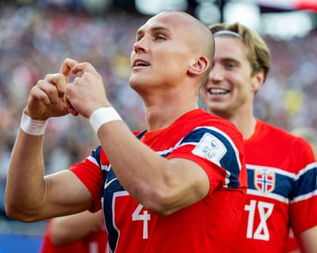 Leo Østigård after scoring for Norway in their opening win against Iraq
