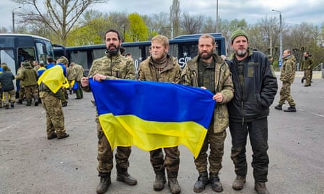 Ukrainian prisoners of war (POWs) after an Easter prisoner exchange at an undisclosed location in Ukraine-controlled territory, Ukraine.