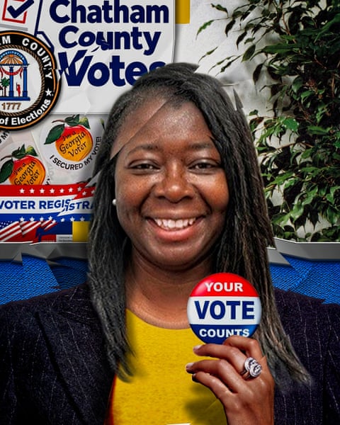 woman smiling in photo layered with illustration of hand holding up 'your vote counts' button and 'I'm a Georgia voter' sticker with a peach