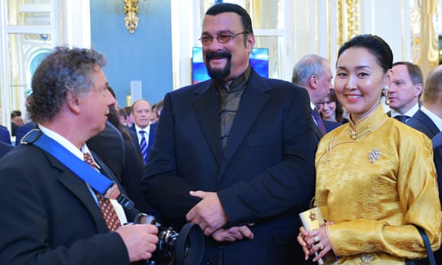 The actor Steven Seagal and his wife Erdenetuya arrive at the inauguration.