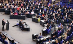 Wide view of Olaf Scholz speaking in the Bundestag last month
