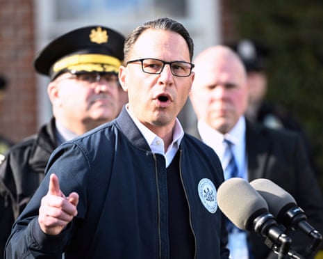 Josh Shapiro speaks at news briefing after a suspected arson fire that forced him, his family and guests to flee in the middle of the night on Passover on 13 April.