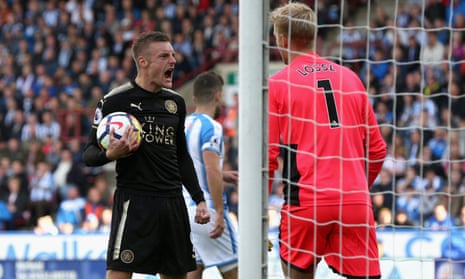 Jamie Vardy celebrates scoring Leicester’s opening goal against Huddersfield.