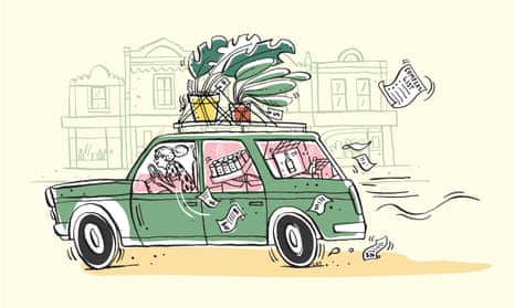 An illustration of a woman driving in a car filled with purchases and save receipts