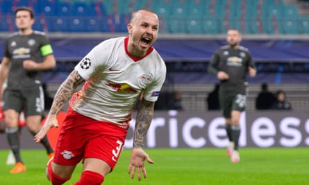 Angeliño screams in delight after setting Leipzig on the path to victory.